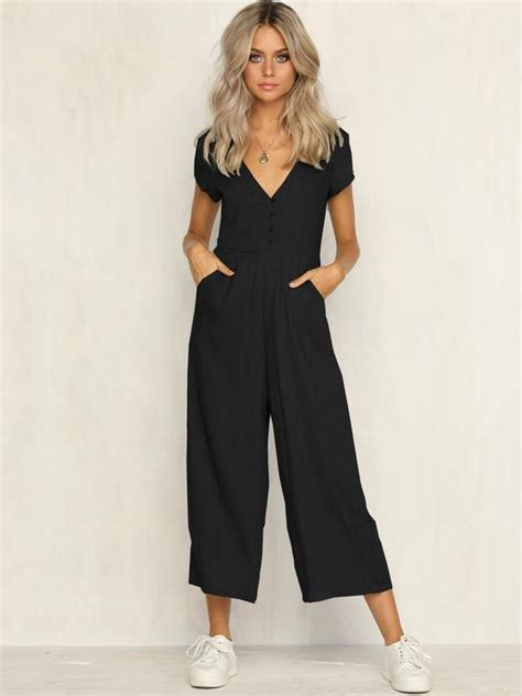 Solid Color V Neck Short Sleeve Wide Leg Pants Jumpsuit Jumpsuit