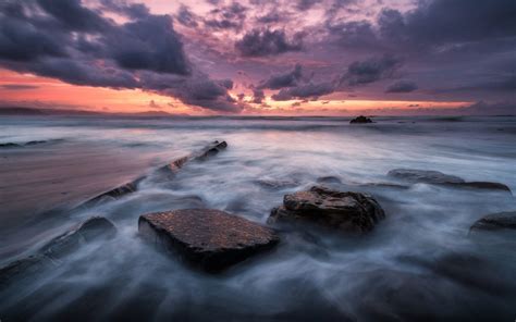 Sea Coast With Rocks Waves Dark Sky With Clouds Red Sunset Desktop