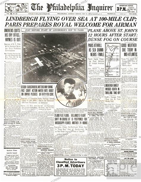 1927 Philadelphia Inquirer Front Page Charles Lindbergh Flies The