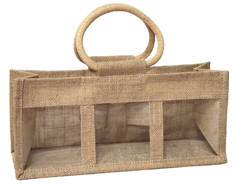 3 Jar Jute Bag With Window Partition And Handles Natural Christmas Hampers T Boxes