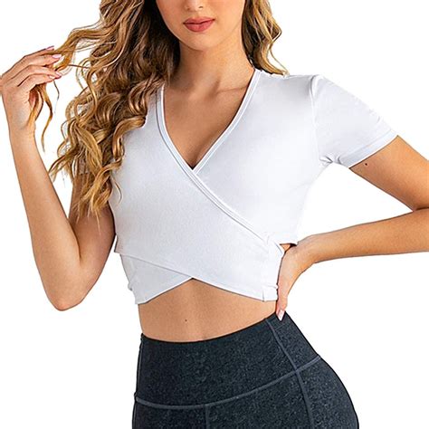 Lukitty Women S Yoga Tank Crop Tops Tummy Cross Short Sleeve Running Gym Shirts L White At