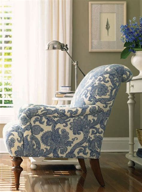Best accent chairs for living room. Pretty blue and white toile chair. Like the enlarged ...
