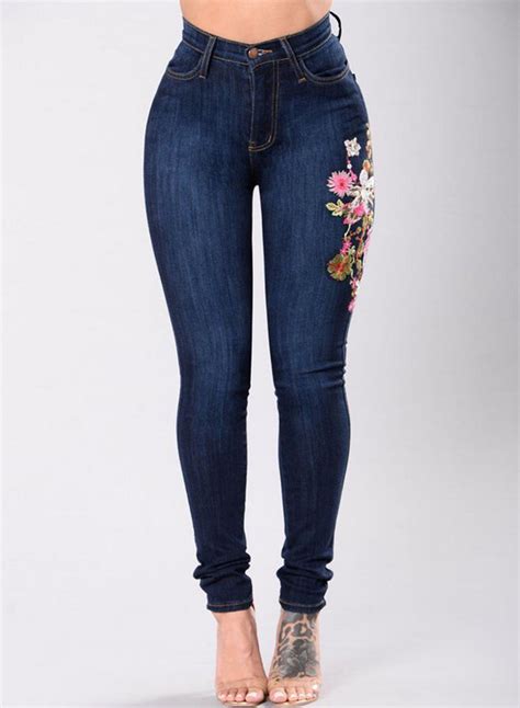 Floral Embroidered High Waist Slim Fit Skinny Jeans With Pockets Stylesimo Com