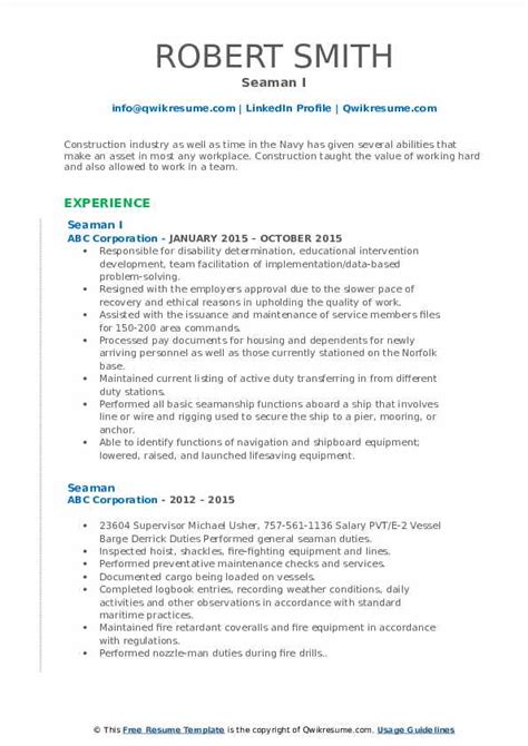 Sample resume format for fresh graduates two. Seaman Resume Samples | QwikResume