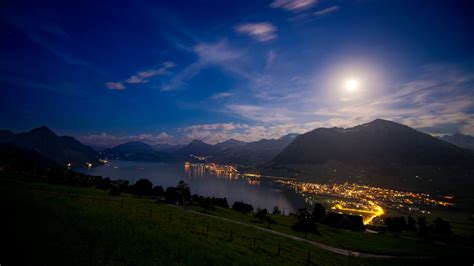 Lake Lucerne Wallpaper 4k Switzerland Moon Light Landscape Night