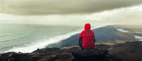 Man Sit On Rock Thoughtful Look At Atlantic Ocean Waves Famous Iconic