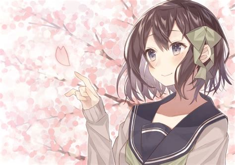 Wallpaper Anime Girl Cherry Blossom Smiling Brown Hair Petals