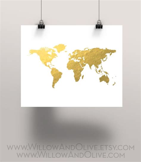 World Map Faux Gold Foil Art Print Gold World Map Gold Map Etsy