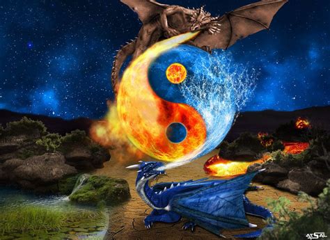 Ying Yang Fire Water Dragons Cartoon Dragon Diamond Painting Fire