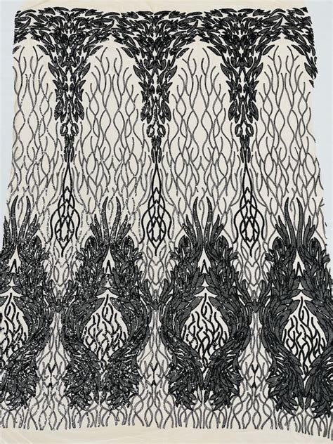 Black Sequin Fabric On Nude Mesh Damask Design 4 Way Stretch Etsy