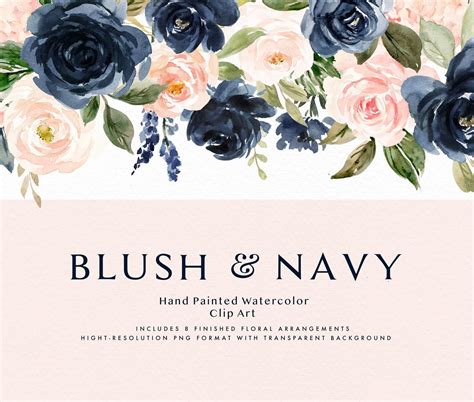 Watercolor Floral Clip Art Blush And Navysmall Setindividual Etsy
