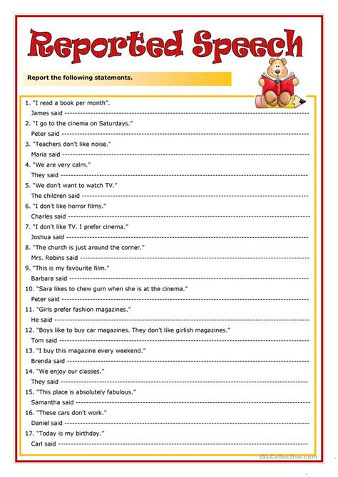 A Printable Worksheet With The Words Reported Speech And An Image Of A
