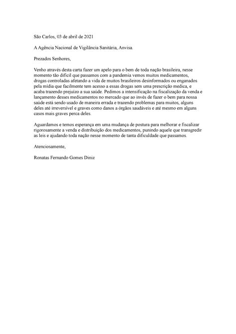 Carta Da Unip Lecture Notes S O Carlos De Abril De A Ag Ncia Nacional De