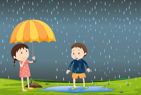 Kids Playing In The Rain Cartoon