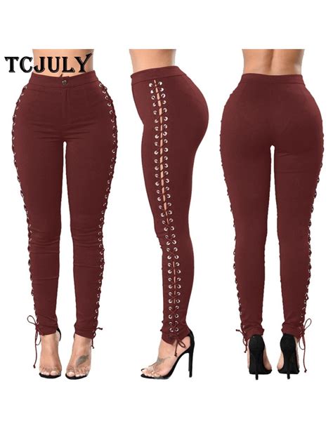 Tcjuly 2018 Fashion Hollow Out Ties Up Criss Cross Women Pencil Jeans Elastic Waist High Stretch