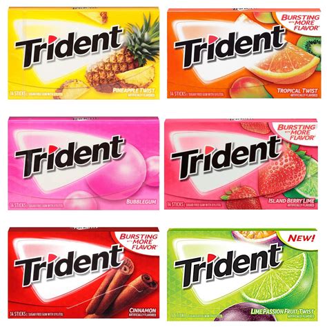 trident sugar free six variety flavour chewing gum with xylitol 14 sticks 39g 2 of each buy