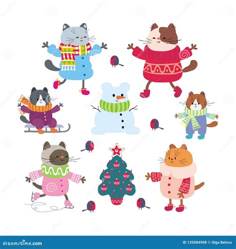 Winter Set With Funny Cats Stock Vector Illustration Of Background