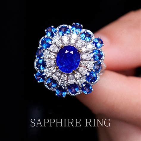 202ct Natural Blue Sapphire Round Cut White Diamond Ring 18k Etsy