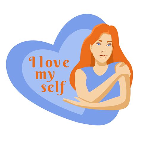 Self Care Cartoon Red Hair Young Girl Hugging Herself With Hearts On