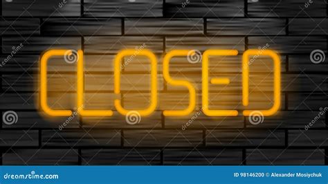 Closed Realistic Neon Inscription Light Sign On Brick Wall Stock