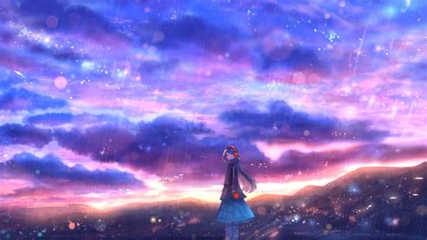 Download 1366x768 Wallpaper Rain Clouds Colorful Sky Anime Girl