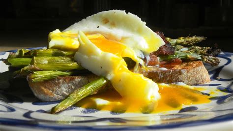 Poached Egg And Bacon Wrapped Asparagus Bundles On A Year In The