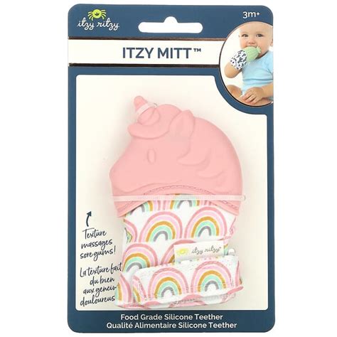 itzy ritzy itzy mitt（イッツィーミット）、食品グレードのシリコン製歯固め、生後3か月以上、ライトピンクユニコーン、歯固め1個
