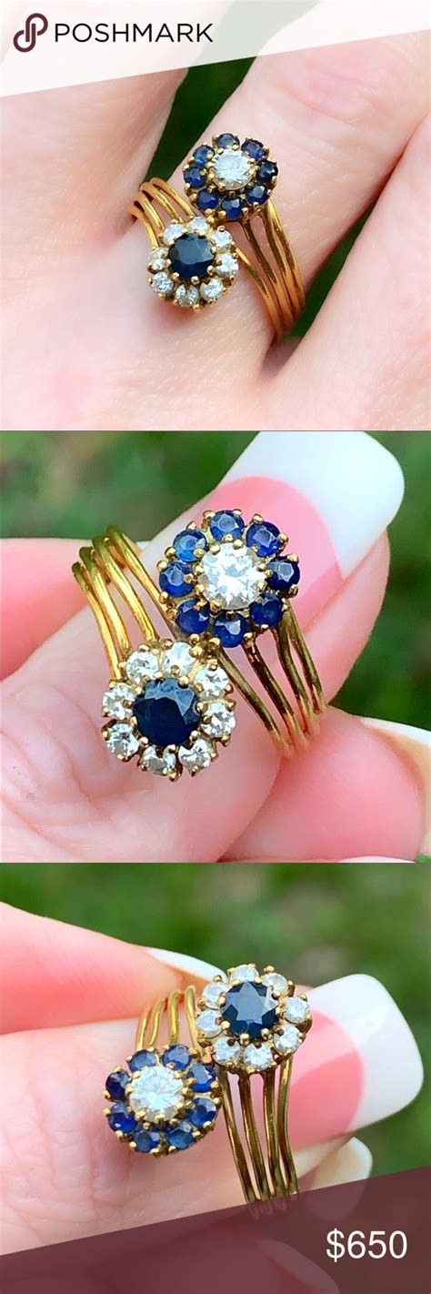 18k Gold 100 Ctw Diamond And Sapphire Flower Ring Unique Solid 18k