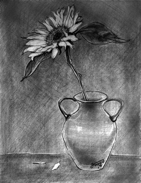 Still Life Vase With One Sunflower Drawing By Jose A Gonzalez Jr Pixels
