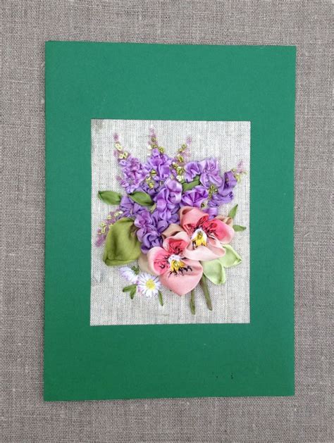 Lilac And Pansies Silk Ribbon Embroidered Card Designet By Inna Bird