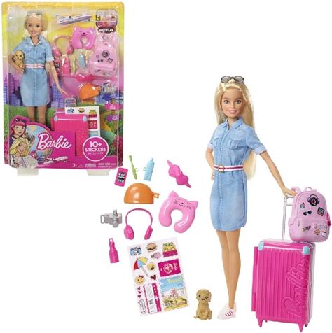 Barbie Doll And Travel Set With Puppy Luggage And 10 Accessories