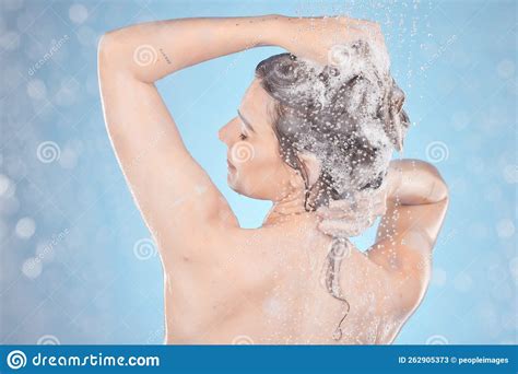 Woman Skincare And Hair Care Beauty In Shower From Back On Blue