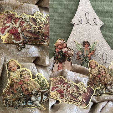 Vintage Victorian Christmas Ornaments With Gold Outlines Die Cut
