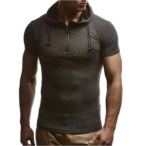 Casual Short Sleeve Mens Hooded T Shirt Fashion Slim Fit Muscle Tee