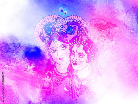 Goddess Radha Lord Krishna Illustration With Colorful Holi Background