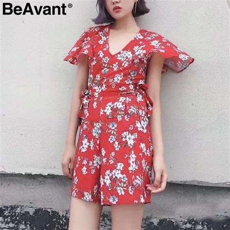 beavant 2018 summer beach short playsuit women boho floral print red jumpsuit female v neck