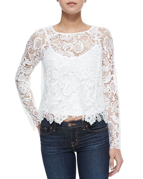 Cusp By Neiman Marcus Long Sleeve Scalloped Lace Top