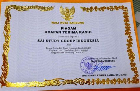 Piagam penghargaan dan ucapan terima kasih kepada: 1. Piagam Penghargaan - SAI Study Group Indonesia