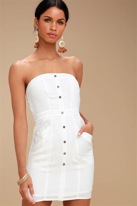 Cute White Strapless Dress Mini Dress Button Front Dress Lulus