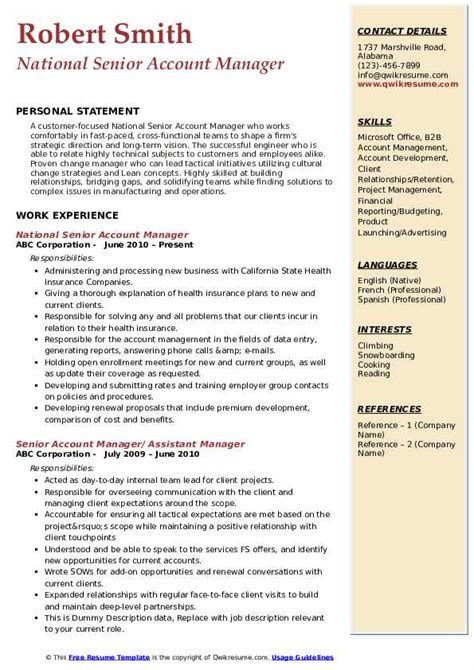 Targets potential advertising clients and develops relationships in order to acquire new advertising accounts. Senior Account Manager Resume Samples | QwikResume