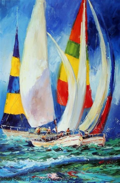Painting Sailboat Race Spinnaker Sails Ocean Sea Stretched 24x36 Oil