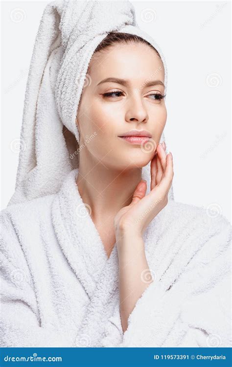 Young Woman In A Bathrobe And Towel On Her Head Spa And Care Portrait Clean Natural Face Stock