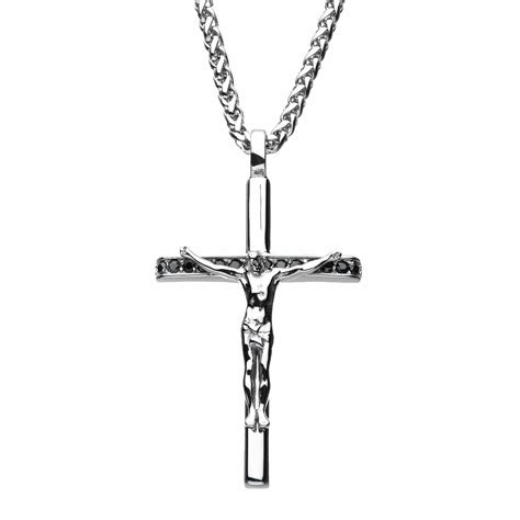 Stainless Steel With Black Cz Jesus Christ Crucifix Cross Pendant With