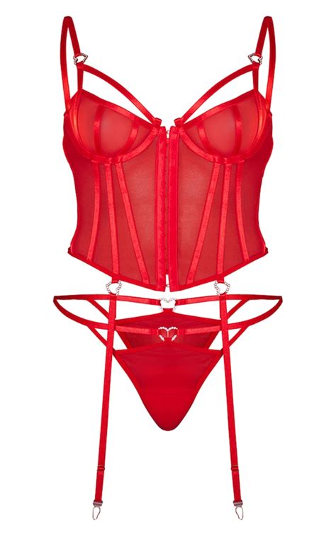 red heart embellishment corset lingerie set prettylittlething usa