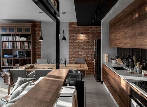 Wooden Kitchen Exposed Brick Apartment Interior Design Ideas