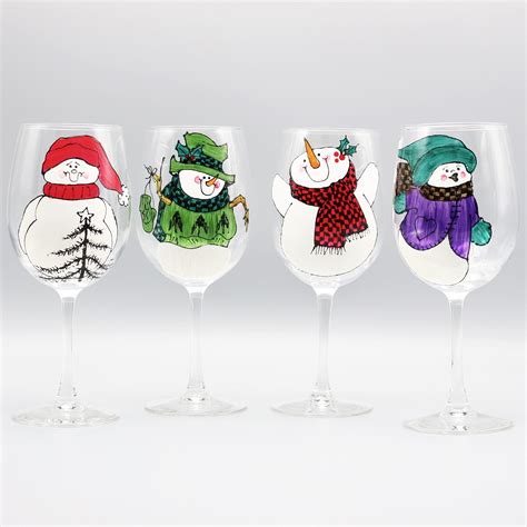 Painted Snowman Wine Glasses Cutest Snowmen Wine Glasses Set Of Four
