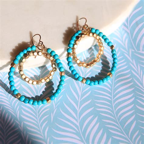 Turquoise Gold Lightweight Double Hoop Earrings New Colourful And