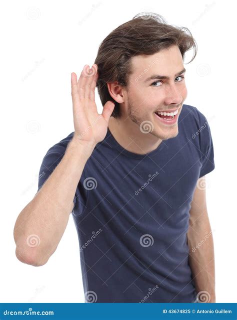 Happy Man Hearing With Hand On Ear Stock Image Image Of Hand Funny