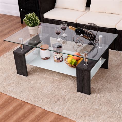 Rich, walnut rubber wood forms the solid construction of this coffee table. Giantex Rectangular Home Tempered Glass Coffee Table with ...