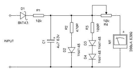 Connect all components according to this circuit diagram. A simple passive logarithmic VU-meter